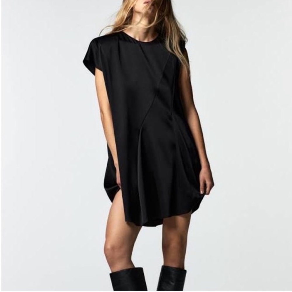 Zara Black Satin Asymmetric Mini Dress Small